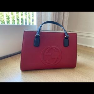 Gucci excellent condition red cream and navy tote with crossbody strap